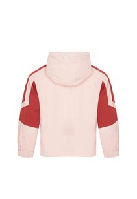 Giacca con cappuccio rosa e rossa con maniche lunghe, caratterizzata da un design a blocchi di colore e polsini elasticizzati. Realizzata in tessuto liscio e leggero.