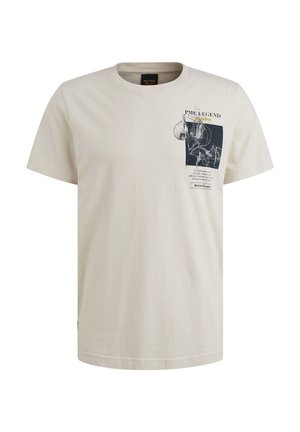 Beige katoenen t-shirt met een grafische print op de linkerborst, ronde halslijn en korte mouwen. Relaxte pasvorm met een rechte zoom.