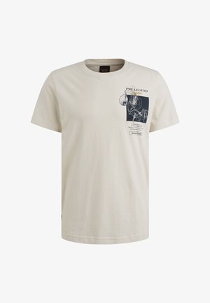 Beige bomuld t-shirt med grafisk print på venstre bryst, rund halsudskæring og korte ærmer. Løs pasform med lige kant.