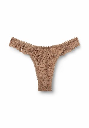 Spets-trosa i ljusbrunt med intrikata blommönster, vågiga kanter och en mjuk textur. Har en design med minimal täckning.
