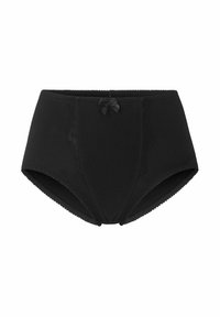 Hochgeschnittene schwarze Unterwäsche aus weichem Stoff, mit Spitzen-Einsätzen an den Seiten und einem Satin-Schleifchen in der Mitte vorne.