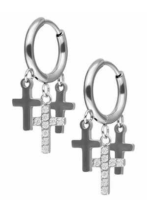 Silver hoop earrings featuring three dangling crosses, two matte gray and one adorned with clear stones. Smooth finish, round shape.