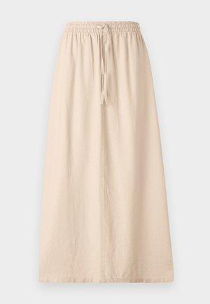 Jupe beige longueur cheville en tissu léger avec une taille élastique et un lien ajustable. Présente une silhouette droite et décontractée.