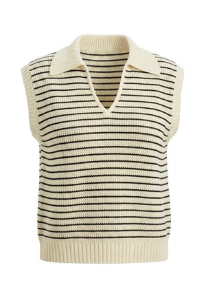 Gilet sans manches couleur crème avec rayures horizontales noires, texture en maille côtelée, col large et encolure en V.