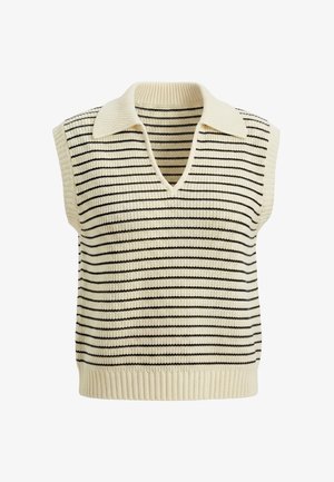 Krém színű ujjatlan kötött mellény fekete vízszintes csíkkal, bordázott kötésű textúrával, széles gallérral és V-nyakú kivágással.