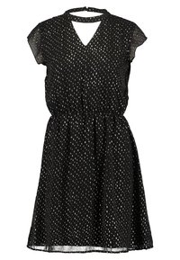 Robe noire à mi-longueur avec de petits points argentés, manches courtes transparentes, décolleté en V et taille élastique froncée.