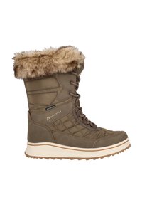 Brun vattentät känga med quiltat mönster, pälskrage, snörning i fronten och en ljus färgad sula som kontrasterar. Har en hållbar konstruktion.