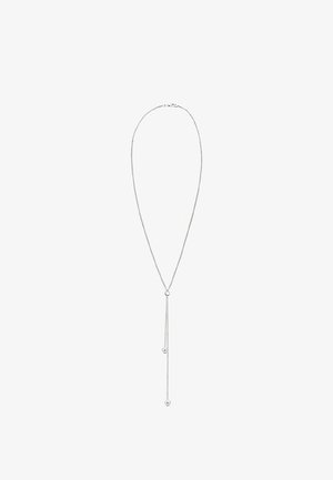 Collier en argent délicat avec une fine chaîne, arborant deux brins pendants se terminant par de petites sphères en argent.