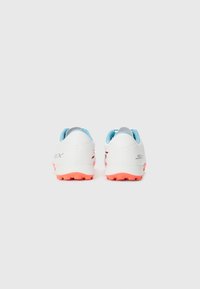White athletic shoes with turquoise accents and orange soles, featuring a smooth texture and minimal branding on the heel.