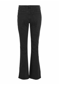 Melni džinsi ar platu apakšējo daļu, augstā vidukļa līmenī, ar divām aizmugurējām kabatām un gludu tekstūru. Kājas paplašinās no ceļa uz leju.