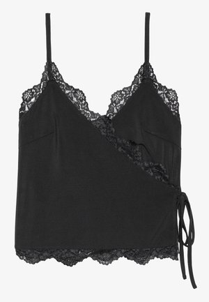 Black camisole with lace trim along the neckline and hem. Features adjustable spaghetti straps and a wrap design with side ties.