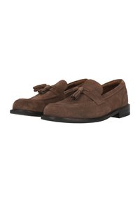 Brown suede loafers with a flat black sole, featuring a decorative tassel accent on the upper. Classic and streamlined design.