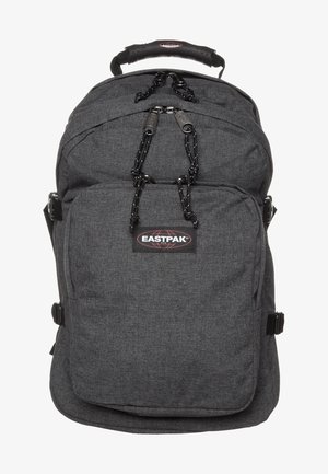 Sac à dos Eastpak en tissu texturé gris foncé ; comprend une poignée supérieure, une poche avant avec fermeture éclair et des bretelles réglables pour un transport sécurisé.