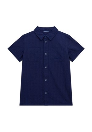 Chemise bleu marine à manches courtes avec boutons, deux poches poitrine, dont une embossée avec le nom de la marque, et un col standard.