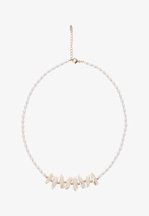 Colier cu mărgele ovale mici albe și perle albe cu formă neregulată, separate de mărgele mici aurii, închizătoare aurie cu lanț ajustabil.