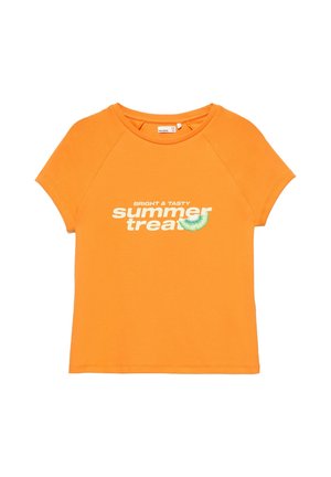 Orange short-sleeve T-shirt with white text "Bright & Tasty summer treat" and a small green kiwi fruit graphic.