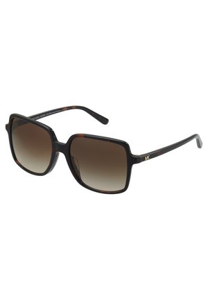 Black tortoiseshell sunglasses with gradient brown lenses. Square frame design, featuring gold "MK" branding on the temple. Smooth plastic texture.