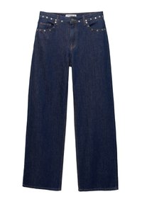 Dark blue wide-leg jeans made of denim, featuring silver studs along the pockets and waistband, with a classic button closure.