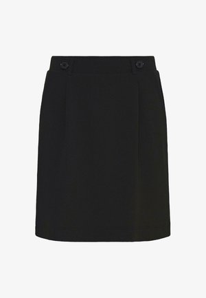 Schwarzer Rock mit zwei vorderen Knöpfen, gerader Schnitt und glatter Textur. Das Design umfasst subtile gestickte Akzente für Details.