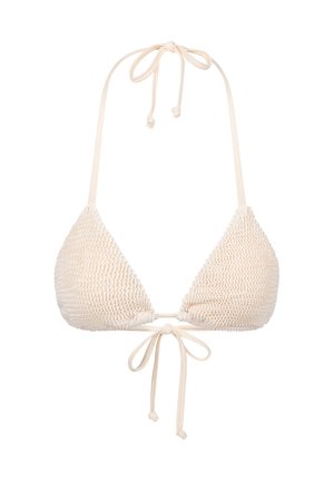 Cremfarbener Triangel-Bikini-Oberteil aus strukturiertem, gewebtem Stoff mit schmalen Bändern am Hals und Rücken für eine verstellbare Passform. Ohne Verzierungen.