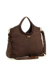 Borsa a tracolla in pelle marrone con doppio manico superiore e tracolla regolabile. Caratterizzata da hardware dorato e cuciture a contrasto. Texture liscia, design spazioso.