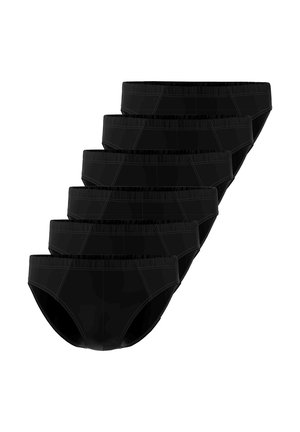 Sechs schwarze Herren-Slips gestapelt in versetzter Anordnung, mit Vorderansicht und elastischem Bund mit sichtbaren Nahtdetails.
