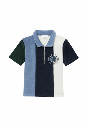 Polo tričko s krátkym rukávom z froté látky so zipsom na golieri. Má vertikálne pruhy v tmavozelenej, námorníckej, svetlomodrej a bielej farbe. Obsahuje detail loga.