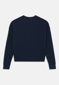 Pull en tricot bleu marine avec un motif torsadé, col ras du cou, manches longues, poignets et ourlet côtelés. Tissu texturé, coupe décontractée.