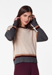 Hellbeige und dunkelgrauer Pullover mit gestreiften Akzenten in Burgunderrot und Braun. Mit langen Ärmeln und einem entspannten Schnitt. Weiche Strickstruktur.