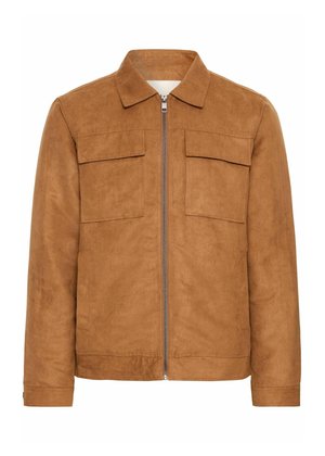 Braune Wildlederjacke mit Kragen, zwei vorderen Taschen und einem zentralen Reißverschluss. Sie zeichnet sich durch eine glatte Textur und eine lässige Silhouette aus.