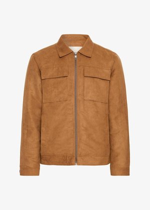 Bruine suède jas met een kraag, twee voorzakken en een centrale rits. Heeft een zachte textuur en een relaxte silhouet.