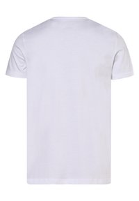 T-shirt bianco in cotone, maniche corte, collo rotondo, texture liscia, taglio dritto, senza motivi o grafiche, vista posteriore semplice.