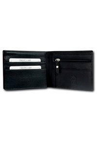 Black leather wallet with two credit card slots, a zippered pocket, and a flat compartment. Textured finish with embossed logo detail.