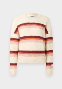 Sweter dzianinowy w kolorze kremowym z wyraźnymi poziomymi paskami w odcieniach burgundowego, pomarańczowego i różowego. Posiada okrągły dekolt i ściągacz na dole.