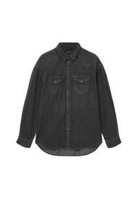 Czarna koszula dżinsowa z długimi rękawami, spiczastym kołnierzykiem i dwoma kieszeniami na piersi. Posiada zapięcie na guziki z przodu oraz zaokrąglony dół.