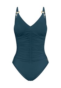 Dunkeltürkisfarbener Badeanzug mit V-Ausschnitt, gerafftem Stoff an der Vorderseite, dünnen verstellbaren Trägern und goldenen Akzentbeschlägen.