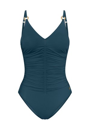 Ciemnoniebieski jednoczęściowy strój kąpielowy z dekoltem w kształcie litery V, marszczonym materiałem z przodu, cienkimi regulowanymi ramiączkami i złotymi akcentami.