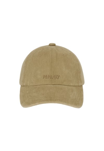 Light brown suede baseball cap with embroidered "NN.07" logo centered on the front panel and curved brim.