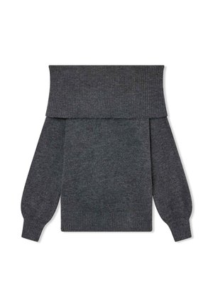 Szary sweter z dzianiny z szerokim, prążkowanym dekoltem typu off-shoulder, długimi bufkami na rękawach i miękką teksturą. Klasyczny i wygodny fason.