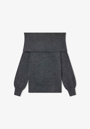 Szary sweter z dzianiny z szerokim, prążkowanym dekoltem typu off-shoulder, długimi bufkami na rękawach i miękką teksturą. Klasyczny i wygodny fason.