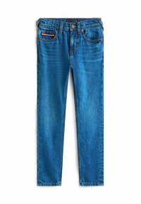 Modré džíny z denimu se rovný střihem, s předními kapsami, kovovým knoflíkem a diskrétními detaily šití. Hladká textura s klasickým designem.