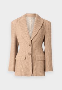 Beige texturovaný blejzr s tkaným vzorem, klopový límec, dvě přední kapsy a dva knoflíky. Podšívka v jasné barvě.