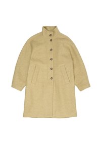 Abrigo de lana beige con cuello alto, cierre frontal con botones, dos bolsillos laterales y mangas cortas. Cuenta con tela texturizada y botones redondos.