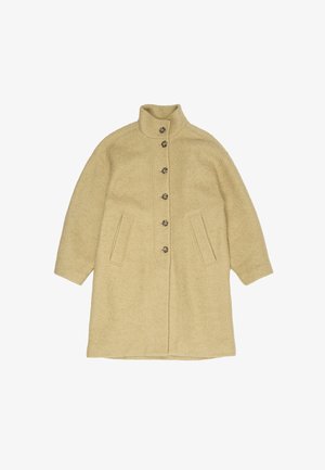 Beige vilnas mētelis ar augstu apkakli, pogu priekšējo aizdari, diviem sānu kabatām un īsām piedurknēm. Tam ir audums ar tekstūru un apaļas pogas.