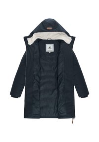 Navy puffer jacket with a fur-lined hood, zip closure, and soft inner lining. Features a label with a logo and quilted detailing on the interior.