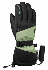 Schwarze und hellgrüne isolierte Handschuhe mit gepolstertem Design, verstellbarem Handgelenkriemen und strukturierten Materialien für Grip und Wärme.