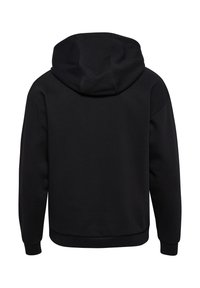 Zwarte hoodie met een verstelbare capuchon met trekkoord, ribgebreide manchetten en zoom. Gemaakt van zacht materiaal met een gladde textuur en zonder zichtbare logo's.