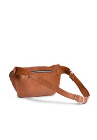 Bolso cruzado de cuero marrón con cierre de cremallera, forma rectangular, correa ajustable y textura suave. Diseño minimalista y sin herrajes visibles.