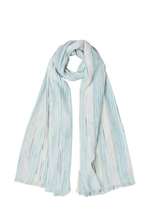Let og langt tørklæde med tynde lodrette blå og grønne striber på hvid baggrund, løst snoet øverst.