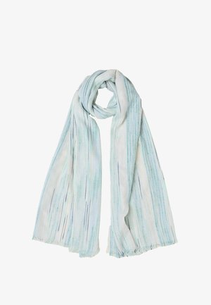Let og langt tørklæde med tynde lodrette blå og grønne striber på hvid baggrund, løst snoet øverst.